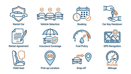 Car rental service icons set with vehicle selection, booking process, car key handover, insurance coverage, fuel policy, GPS navigation, mileage, child seat, pick-up and drop-off locations