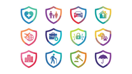 Fototapeta na wymiar Insurance icon set. Gradient shield symbols collection. Protection and security signs. Health car home travel life safety concepts. Modern colorful vector graphic. Policy coverage.