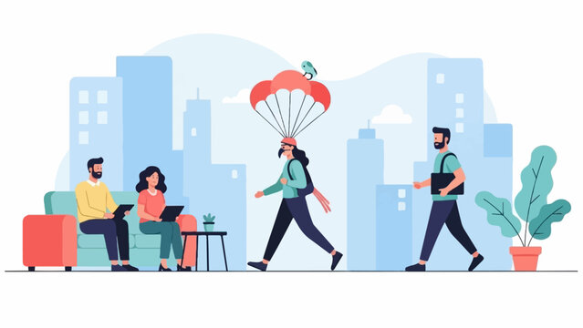 Urban scene with people interacting and a parachutist with a bird