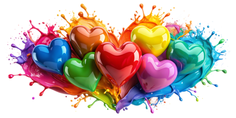 Colorful hearts with paint splatters on black background