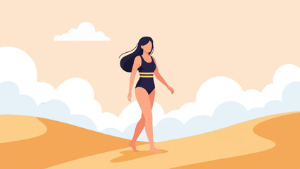 Woman in swimsuit walking through a desert landscape under a cloudy sky