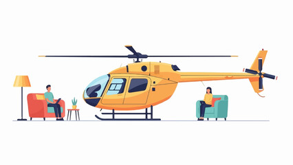Fototapeta premium Yellow helicopter parked in a living room with people sitting in chairs