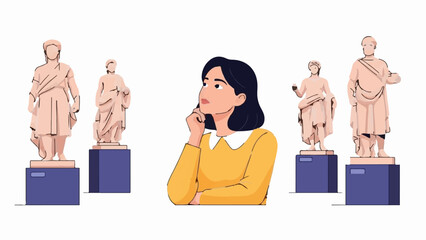 Woman in yellow top contemplating ancient statues in a museum