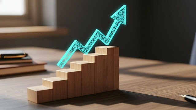 &ldquo;Growth Trajectory: Rising Wooden Staircase with Arrow Indicating Upward Progress and Growth&rdquo;
