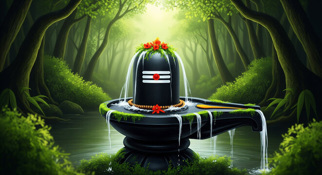 Image depicts a serene and lush forest setting with a central focus on a Shiva Lingam, a symbolic representation in Hinduism. The Lingam is black and cylindrical, adorned with a white horizontal strip
