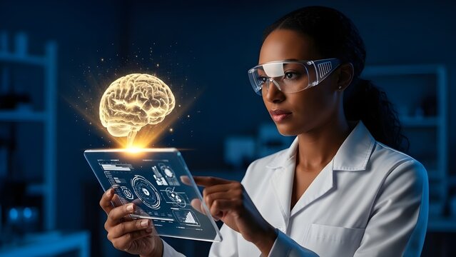 Female Scientist Analyzing Holographic Human Brain on Digital Tablet in Lab
