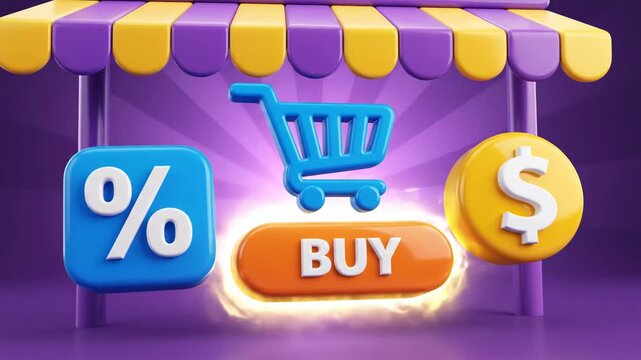 Ecommerce storefront with shopping cart and buy button on purple background