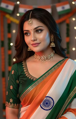 Indian Woman Celebrating Freedom in Tricolour Outfit