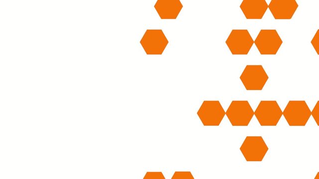 Dynamic animation of orange hexagonal shapes moving and re-forming patterns on a clean white background. Great for business, science, or technology concepts.