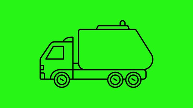 Animated rubbish truck line icon on green screen representing garbage collection service
