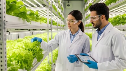 Two Scientists Examining Plants in Modern Vertical Farming Hydroponic Laboratory