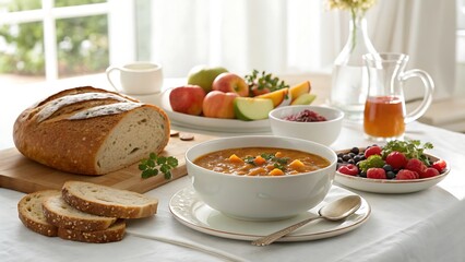 Hearty Lentil Soup with Freshly Baked Bread and Fruit