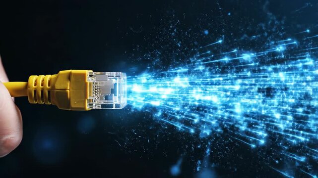 Glowing fiber optic cables with light spots connect to high-speed technology equipment and network hardware to facilitate digital data communication across an ethernet internet connection