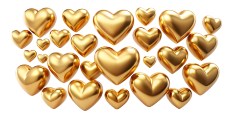 Gold hearts on black background shiny metallic
