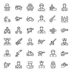 Naklejka premium Military icons set soldiers vehicles weapons and equipment outlined in black