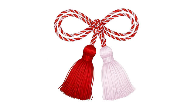 Traditional martisor symbol with red and white twisted threads and elegant tassels isolated on transparent background