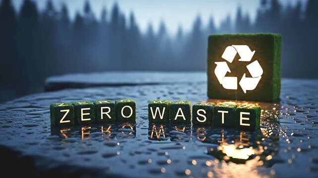Zero waste message with a recycle symbol in a rainy environment.