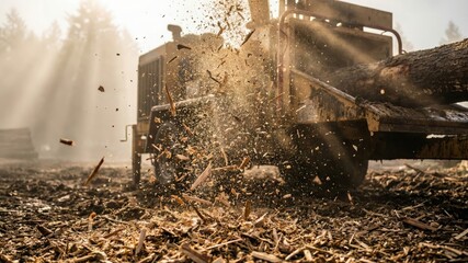 Wood Chipper in Action with Sunlight and Misty Forest Background