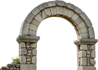 Ancient stone archway with weathered blocks and a small patch of greenery growing on its base showcasing rustic construction architectural element historic old antique stonework transparent background