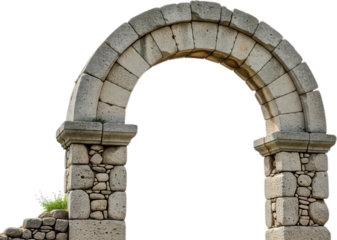 Ancient stone archway with weathered blocks and a small patch of greenery growing on its base showcasing rustic construction architectural element historic old antique stonework transparent background