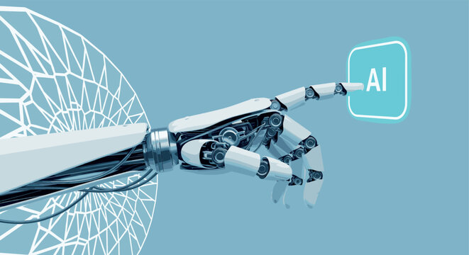 Robot hand vector touching artificial intelligence button on blue