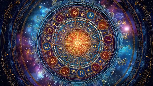 Cosmic zodiac wheel moving through mystical space with glittering stars and galactic colors