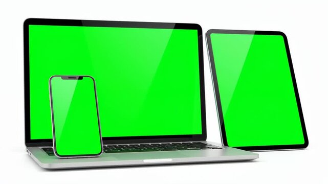 Electronic Devices with Green Screens Displayed.