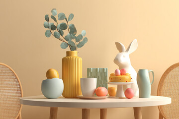 Pastel Easter decorations with a white bunny cake and eucalyptus branches on a light table