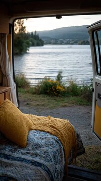 A warm van interior opening to a picturesque lake view.