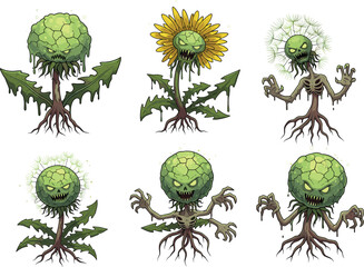 Set of creepy zombie plants with skull faces and roots, horror botanical monsters for Halloween, fantasy games, stickers, posters and spooky illustration packs © Shafik Creatives
