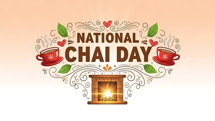 Festive illustration celebrating national chai day featuring steaming red cups of tea cozy hearth and decorative swirling natural elements