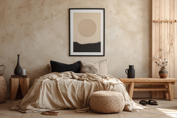 Minimalist bedroom sanctuary with neutral tones and natural textures