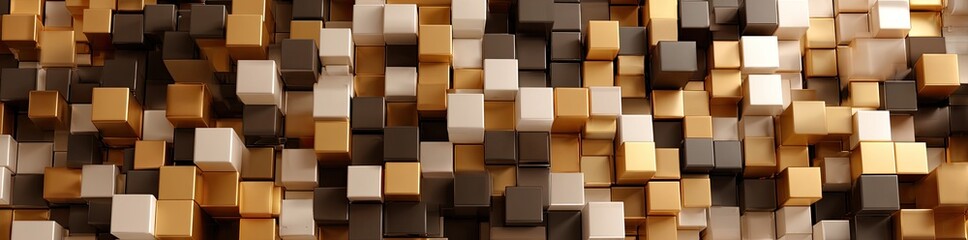 A textured mosaic of varying sized cubes in shades of gold, brown, and cream