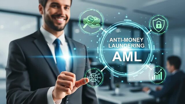 Professional man in a suit points to anti-money laundering concept for the business, financial safety.