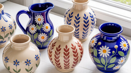 Collection of Decorative Ceramic Vases and Pitchers with Daisy and Leaf Designs on a White Surface pottery