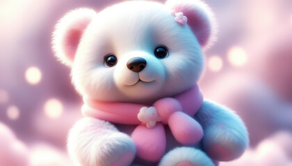 Fototapeta premium A cute teddy bear in pastel colors is seated, wearing a pink scarf. The soft background complements the bears fluffy texture and adds a dreamlike quality to the scene.
