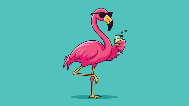 Pink Flamingo Wearing Sunglasses Holding a Cocktail.