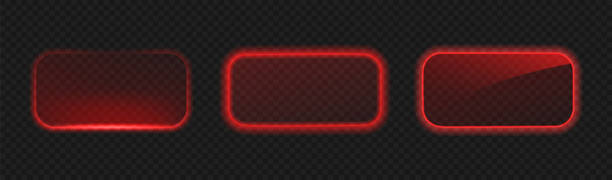 Neon Button frame. Glowing red rectangle isolated on black background.
