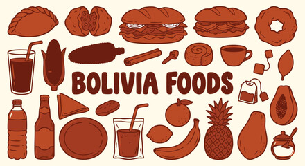 A hand drawn vector collection of Ecuador food icons with ceviche, encebollado and tropical fruits in purple doodle style for a restaurant menu, travel brochure and South American branding. © MH HASIB