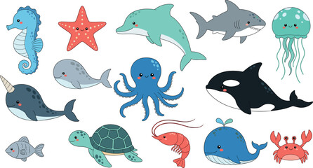 Sea creature vector set with cute marine animals including dolphin shark whale and octopus © Ahmed Sahid