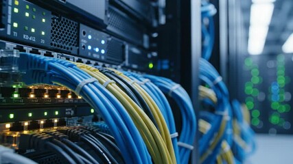 A network hub and patch cables connected to a server in a box beside a fast motion cityscape of skyscraper lights and downtown China highway traffic - Powered by Adobe