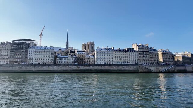 Panoramic view of Paris skyline and Seine in winter