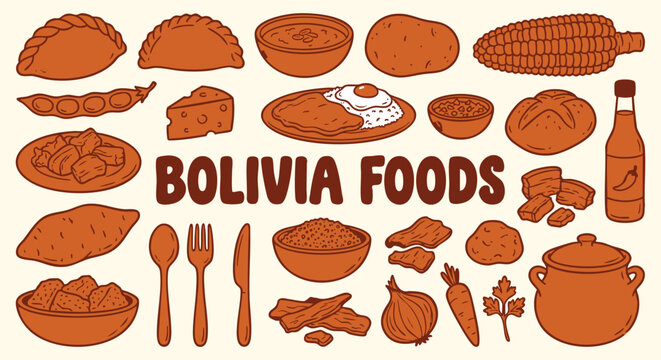 Bolivia Foods Icon Set. South American Cuisine. A hand drawn vector collection of salte&ntilde;as, silpancho, corn, potatoes and soup for a restaurant menu, travel guide, and traditional culture.