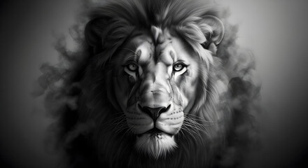 Naklejka premium Majestic Lion Face Close Up Portrait, Black and White, Evokes Power and Royalty