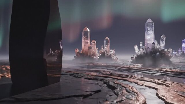 Striated lacquered riverscape with glossy mineral textures and distant futuristic city silhouettes