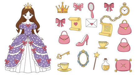Cute Princess Character and Fairy Tale Accessories Icon Set with Crown Dress Shoes and Magic Elements for Children Design © Priyanka