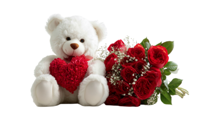 White teddy bear holding red heart with bouquet of roses isolated on transparent background