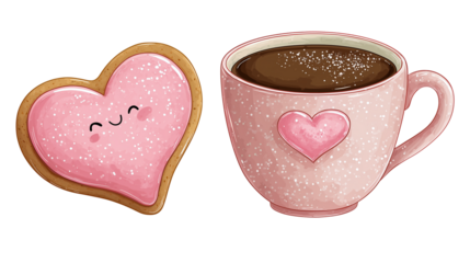 Pink heart shaped cookie and heart decorated coffee cup on white isolated on transparent background
