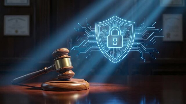 Digital Justice: A symbolic representation of digital security and legal proceedings is depicted, featuring a gavel resting alongside an illuminated shield with a lock.