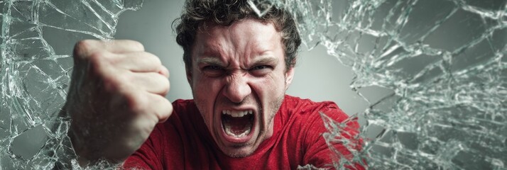 Horizontal photo of angry adult man with clenched fist smashing through glass, extreme facial expression of rage and aggression, European type, concept of violence and stress
aggression, violence